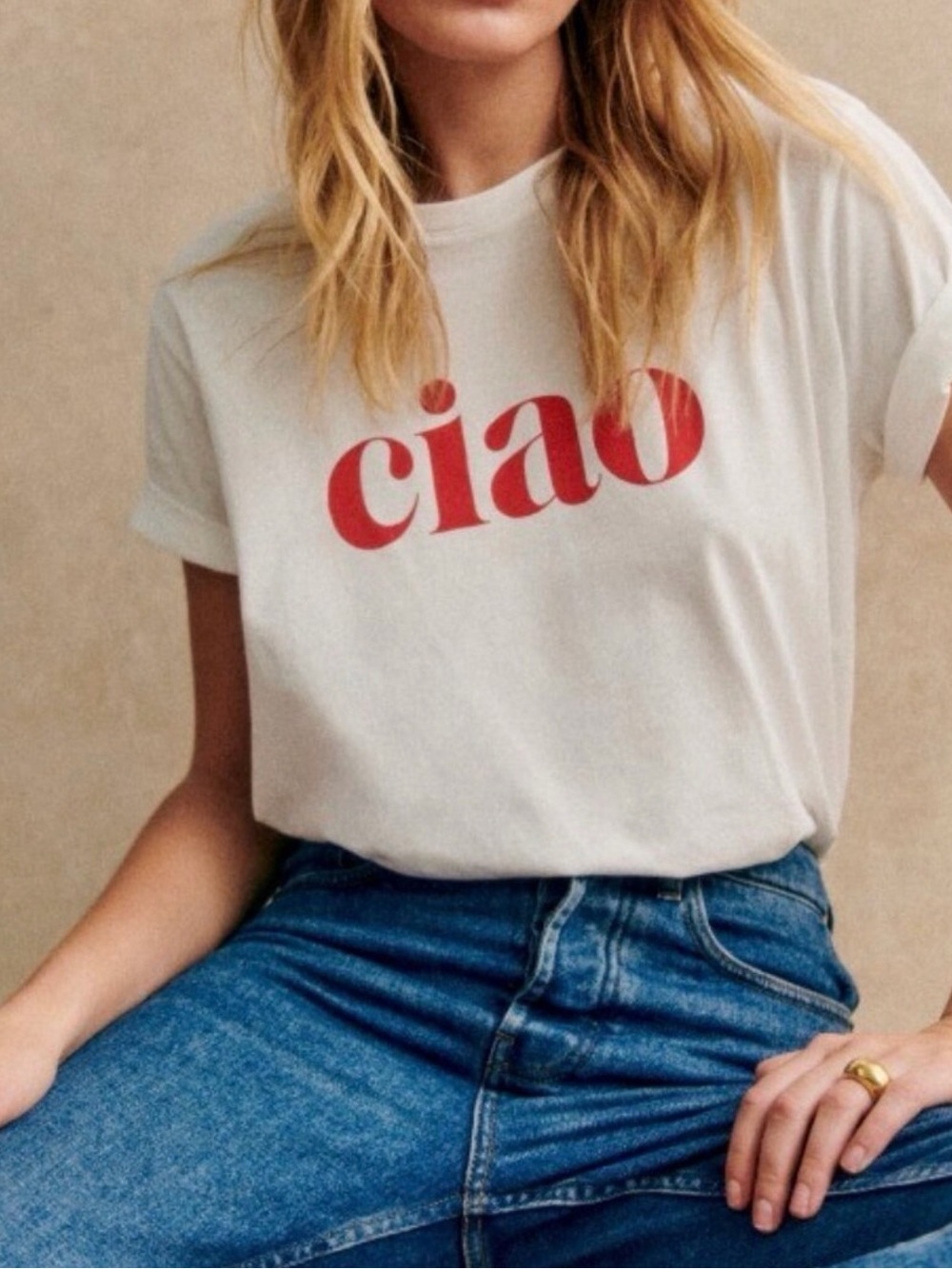 Sezane Ciao White and Red Graphic T-Shirt Size Large